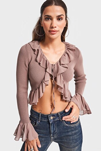 its basic Women's Stone Brown Color W5-82 Bt25 Knitwear Knitted Fabric Chiffon Detailed Flounce Cardigan Blouse