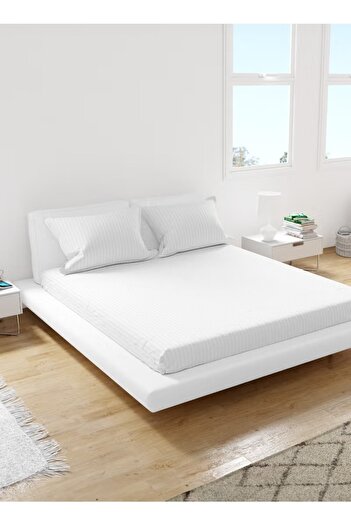 American Linen Queen Size Striped Fitted Elastic Bedsheet with 2 Pillow Cases 180 x 200 Cm (White)