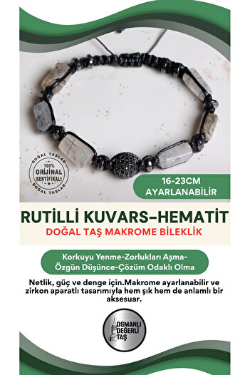 OSMANLI DEĞERLİ TAŞ Certified Rutilli Quartz-Hematite Natural Stone Macrame Adjustable Bracelet with Zircon Apparatus No:2
