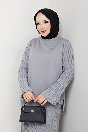 Pamuk Butik Women's Mercerized Knitted Two-Piece Set with Brooch and Skirt