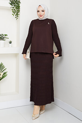 Pamuk Butik Women's Mercerized Knitted Two-Piece Set with Brooch and Skirt