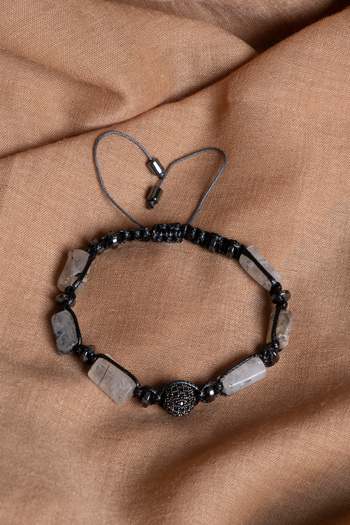 OSMANLI DEĞERLİ TAŞ Certified Rutilli Quartz-Hematite Natural Stone Macrame Adjustable Bracelet with Zircon Apparatus No:2