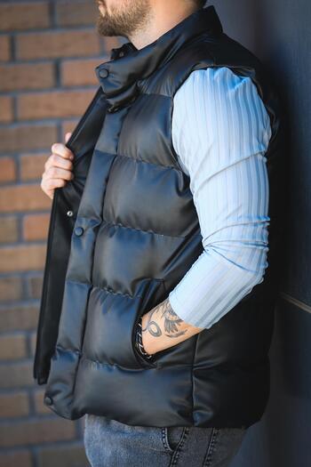 since 1990 man Manoxfo Waterproof Stand Collar Men's Puffer Leather Vest with Pockets