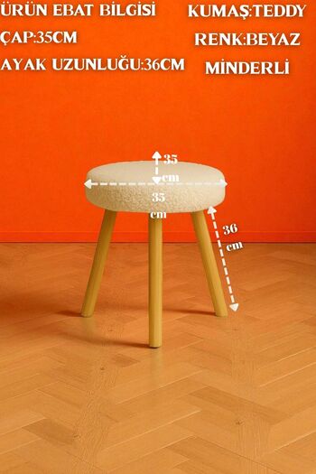 WoodyMaison ORINA Yuvarlak Peluş Modern Teddy Puf Bench – Retro Ahşap Ayaklı Tabure
