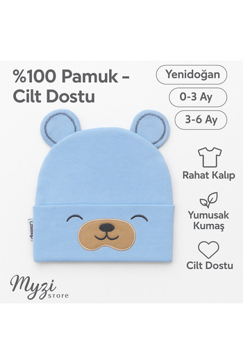 MYZİ STORE Bebek Şapkası – %100 Pamuk, Kulaklı Desenli & Aksesuar Modelli – 0-3 Ay
