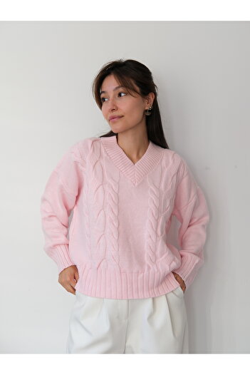 Butik Una Fiaba-Pembe Kadın V Yaka Yumuşak Dokulu Saç Örgü Kazak