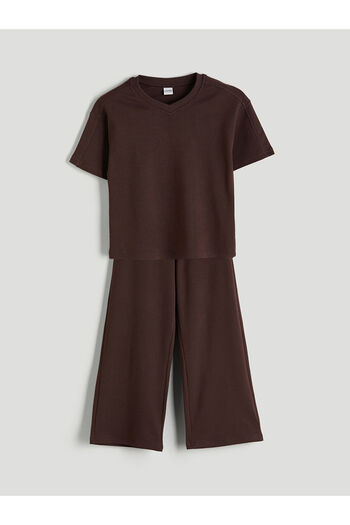 LC Waikiki Brown V-Neck Girls' T-Shirt and Sweatpants