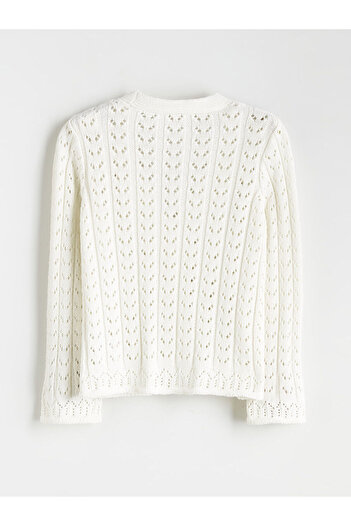 LC Waikiki Ecru V-Neck Openwork Knitwear Cardigan for Girls