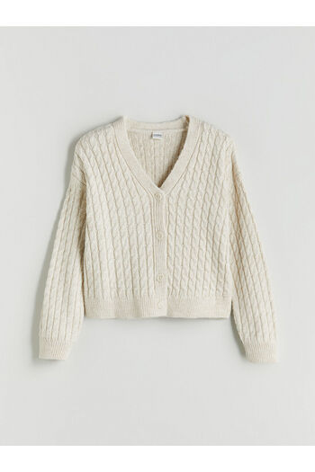 LC Waikiki Ecru V-Neck Girl's Knitwear Cardigan