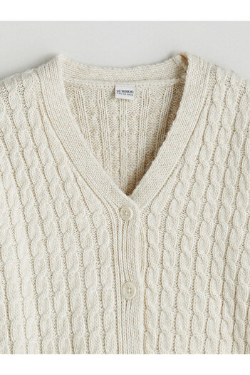 LC Waikiki Ecru V-Neck Girl's Knitwear Cardigan