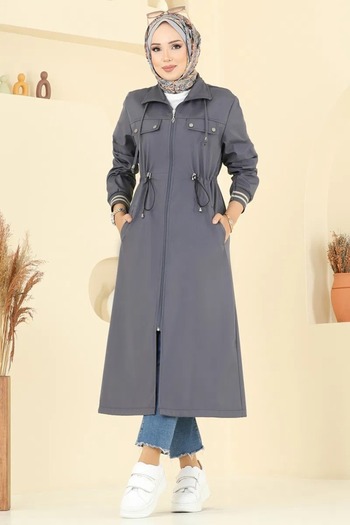 Weak Blue Long Trench Coat with Elastic Sleeves