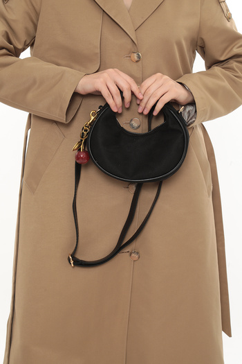 besmoda Women's Black Suede Hand and Shoulder Bag with Cherry Charm Gift