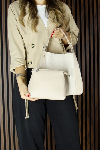 Erkan Saçmacı Beige Genuine Cowhide Suede Magnetic Closure Large Size Daily Shoulder Bag and Handbag with Strap