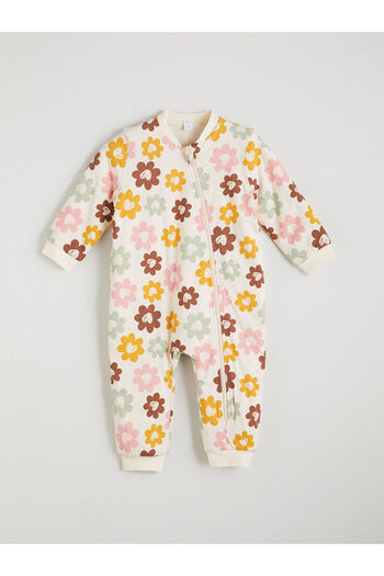 LC Waikiki Beige 1.6 Tog Crew Neck Long Sleeve Floral Pattern Baby Girl Romper