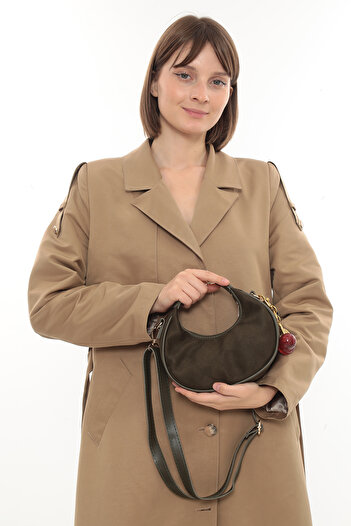 besmoda Women's Khaki Green Suede Hand and Shoulder Bag with Cherry Charm Gift