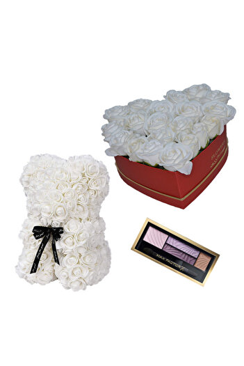 velve Set Cadou Aranjament floral trandafiri albi de sapun, Ursulet floral Alb 25cm si Paleta fard, Alb