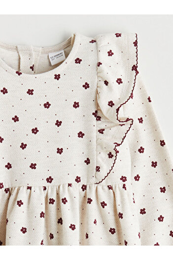 LC Waikiki Ecru Crew Neck Floral Girl's Dress