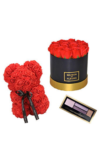 velve Gift Set, Floral arrangement with red soap roses, Floral bear 25cm and Eyeshadow palette, Red