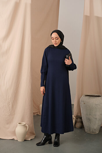 LOCCO Women's Self-Patterned Knitwear Dress Navy Blue
