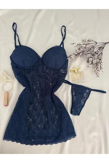 MH Moony Homewears Manchester Navy Blue Lace Nightgown Thong