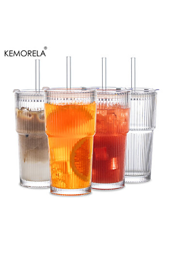 Choice3 601-700ml 4PCS 600ML Stripe Glass Coffee Cup With Lid and Without Cover Straw Transparent Drinking G