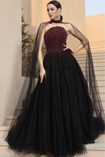 zourina Women's Evening Dress with Beaded Black Tulle