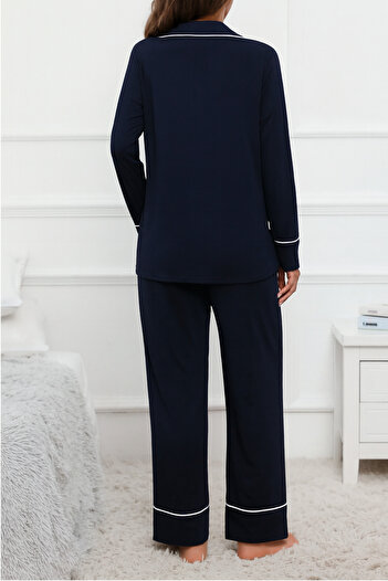 Miss Dünya Lissa Shirt Collar Buttoned Front Long Sleeve Comfortable Fit Maternity and Postpartum Pajama Set