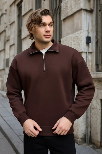COMBİNE MİCHAİL Ανδρικό φούτερ με φερμουάρ Oversize καφέ