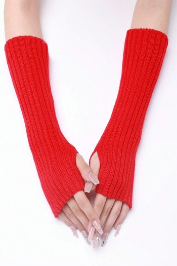 BAHELS Red Knitwear Knitted Hand Warmer Oversleeve Fingerless Gloves