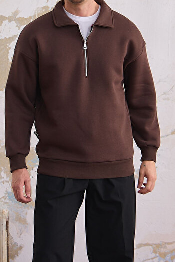 COMBİNE MİCHAİL Men's Zippered Oversize Brown Sweatshirt