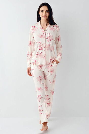 Pierre Cardin Shirt collar, pocketed, women's pajama set, long sleeve, cream, floral pattern, cotton & modal & lycra