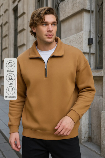 COMBİNE MİCHAİL Men's Zippered Oversize Caramel Sweatshirt