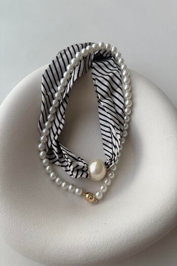 mos&more Black Striped Pearl Magnetic Necklace Scarf
