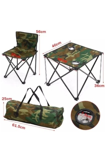 EMATTERIO Camping Table and Two Folding Chairs Set, Army Model, Carrying Bag Included, 50x70 cm