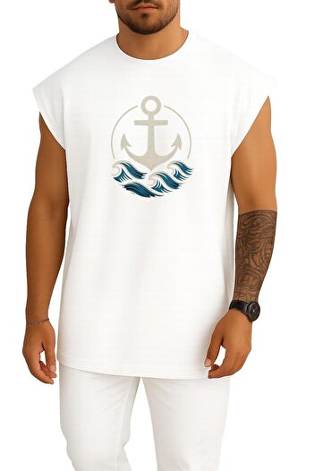 Bahriyeli Collection Oversize Anchor Wave – Sailor Chest Design Tank Top