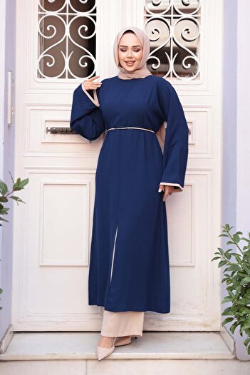 N.S NEVA STYLE Slit Detailed Navy Blue Hijab Double Suit 76112L