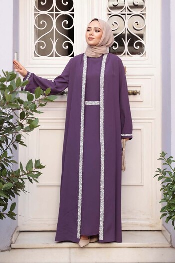 N.S NEVA STYLE Lilac Hijab Dress Double Set 76852Lila