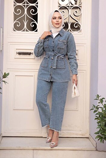 N.S NEVA STYLE Dark Blue Hijab Jeans Double Set 44762Km