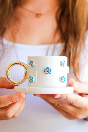 Özce Art Ceramic Atelier Flora Blue Floral Patterned Turkish Coffee Cup and Saucer with 24K Gold Detail