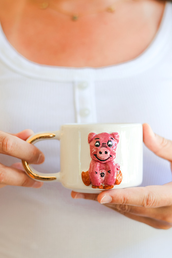 Özce Art Ceramic Atelier Cute Piggy Patterned 200 ml Handmade Mug with 24K Gold Detail