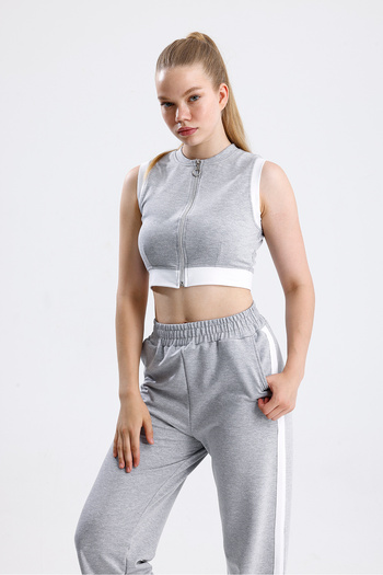 Green Hill Two-Piece Fabric Stripe Detailed Zippered Sleeveless Bottom Top Set