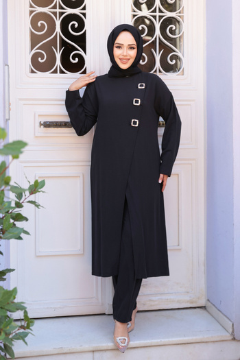 N.S NEVA STYLE Buckle Detailed Black Hijab Double Set 7675S