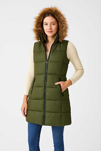 MODA Hooded Fur Women's Puffer Vest,Hooded Take Off Fur Puffer Vest.Women's Puffer Vest
