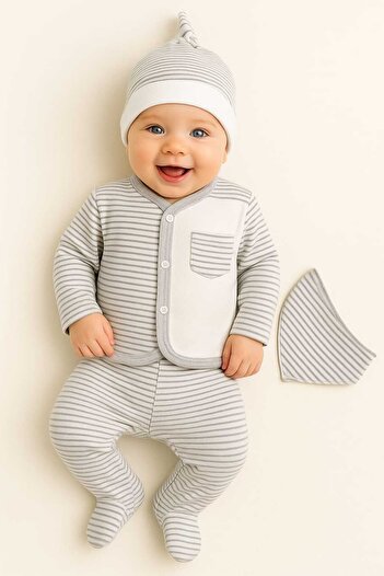 bebekpare Baby Boy Hospital Discharge Set 100% Cotton Pocketed Striped