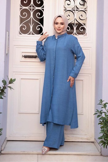 N.S NEVA STYLE Buttoned Indigo Blue Hijab Three Piece Set 76591Im