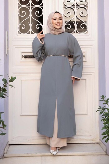 N.S NEVA STYLE Slit Detailed Gray Hijab Double Set 76112Gr
