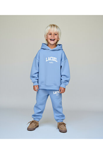 Magu Unisex Children's Cotton Blue Laciel Printed Hooded Sweatshirt and Sweatpants Set