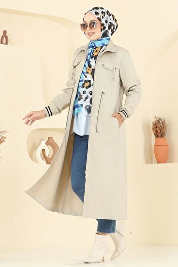 Weak Blue Long Trench Coat with Elastic Sleeves