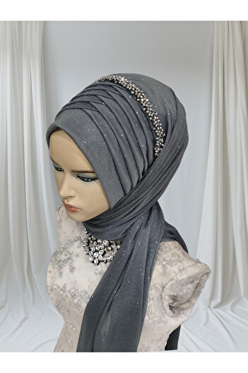 Nuray hazır duvak Anthracite Color Accessory Included, Single Pleat Style Ready-Made Veil, Ready-Made Shawl, Ready-Made Turban.