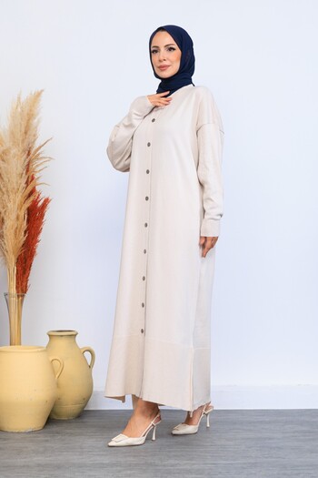 Eliva Women's Cream Ecru Plain Button Closure Winter Dress Hijab Cardigan
